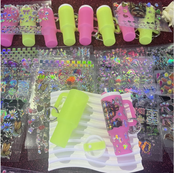 Wholesale random 10pcs/20pcs/50pcs Holographic Stickers Mini Travel  Cup Sticker laser wraps+Luminous mini tumbler keychain